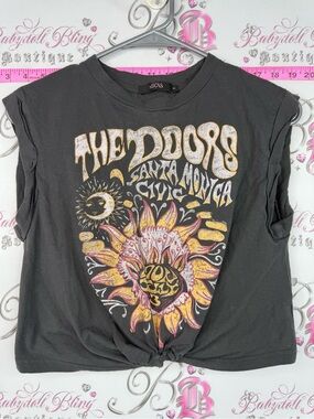 Micas top cropped tank shirt The Doors Graphic Knot-Front Tee - Black